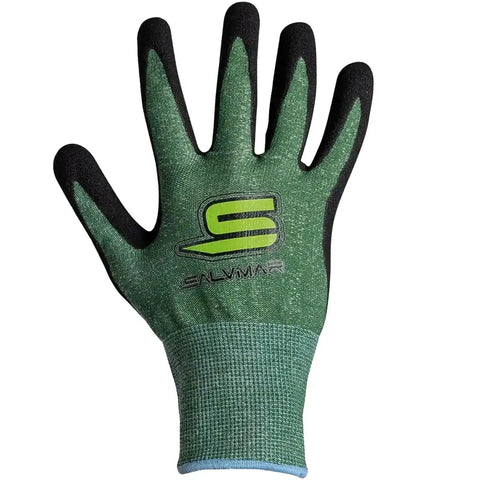 Dy-Max Continuous Thread Spearfishing Gloves With Nitrile Palm Grip, Tight Cuff, And Chemical Resistant Design For Underwater Use, Ultra Durable Fabric In Black Green, X Large shown from front angle.
