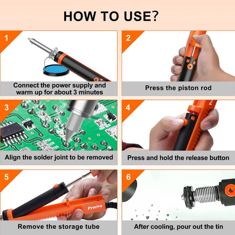 Instruction steps for using Electric Desoldering Pump Solder Sucker For Through Hole PCBs with 110V Vacuum Button, 1.0mm, 1.2mm nozzles