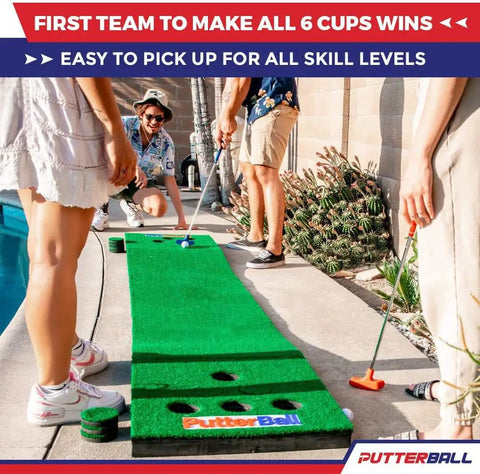 People playing with Backyard 12 Ft Putting Green Golf Game Set With 2 Putters 2 Balls Hole Covers Foldable Mat And Easy Setup