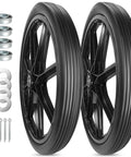 Flat Free 20 By 2.125 Inch Replacement Tire For Wheelbarrow Carts And Big Wheel Utility Carts, Heavy Duty Polyurethane Build, Puncture Resistant, Three Quarter Inch Axle Bore With Bearings Included showing two black tires with bearings, washers, and screws.