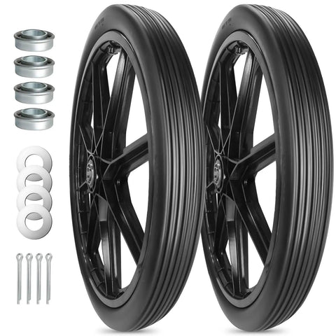 Flat Free 20 By 2.125 Inch Replacement Tire For Wheelbarrow Carts And Big Wheel Utility Carts, Heavy Duty Polyurethane Build, Puncture Resistant, Three Quarter Inch Axle Bore With Bearings Included showing two black tires with bearings, washers, and screws.