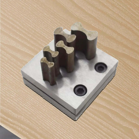 Pro Grade Disc Cutter Hole Punch Forming Die Cutting Tool for jewelry making, showing top view of steel tool with five disc sizes on a table