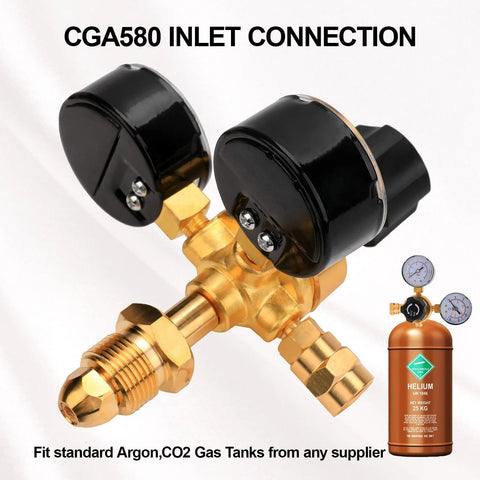 Tutor Auto Argon/CO2 welding gas regulator with dual gauges, brass body, CGA580 inlet, 0-4500 PSI, 6.6 ft hose