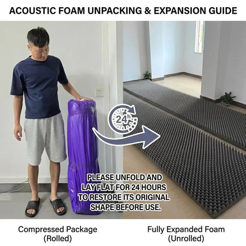 High Density Soundproof Foam Panels With Hella Strong Self Adhesive Backing For Zero Drama Home Studio Acoustic Dampening Treatment Tiles full surface matte black, unpacking guide with compressed and expanded foam