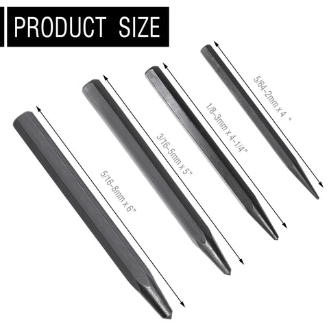 Heavy Duty Four Piece Center Punch Set With 3/16-5mm 5-Inch, 5/16-8mm 6-Inch, 5/64-2mm 4-Inch, 1/8-3mm 4-1/4-Inch sizes shown