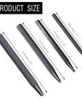 Center Punch Kit Four Piece Set For Metal Marking Built Tough From Hardened Steel; product size dimensions shown for each punch.