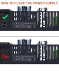 Back view of Open Frame Gaming PC Case And Test Bench Rig showing correct and incorrect PSU placement instructions.