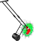 Side view of 12 Nozzles Hand Push Garden Seeder For Slopes And Terraces, showing green roller and black handle for seeding.