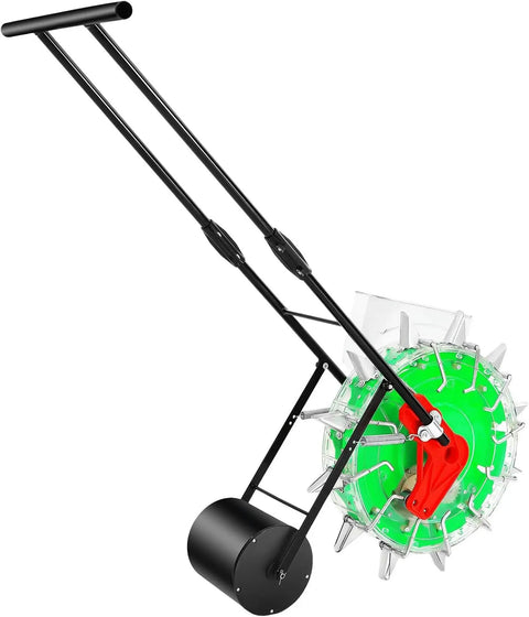 Side view of 12 Nozzles Hand Push Garden Seeder For Slopes And Terraces, showing green roller and black handle for seeding.