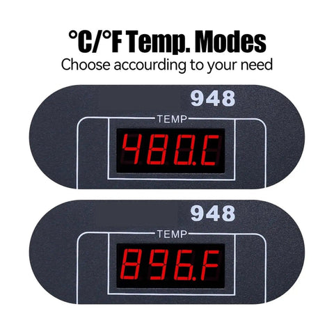 C/F display of High Power Soldering Hot Plate Desoldering Station 90W With Auto Shutoff, 350-480C Temperature Range shown