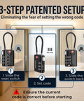 TSA Approved 3 Digit Combination Cable Locks 3-step setup process for heavy duty 4 pack with red search alert for luggage and cases.