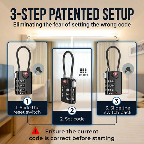 TSA Approved 3 Digit Combination Cable Locks 3-step setup process for heavy duty 4 pack with red search alert for luggage and cases.