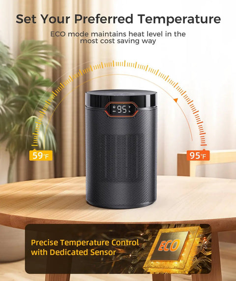 Portable Space Heater For Home And Office With 1500W PTC Ceramic Fast Heating, Thermostat, And 24Hour Timer on table