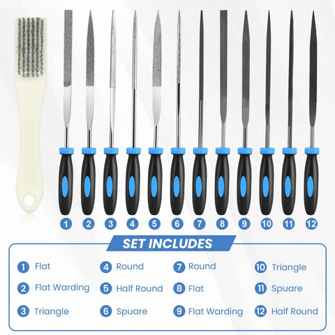 13 Piece Premium Small File Set With Diamond And Steel Files, Cleaning Brush in Box