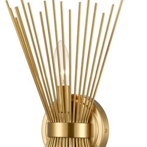 Close-up of brass metal rods of the Brass Vanity Light Mid Century Starburst Wall Sconce With Two Light Modern Wall Mounted Bath Fixture.