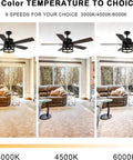 Retractable Caged Ceiling Fan With Lights For Indoor And Outdoor Use showing three color temperatures in a living room