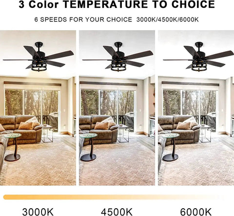 Retractable Caged Ceiling Fan With Lights For Indoor And Outdoor Use showing three color temperatures in a living room
