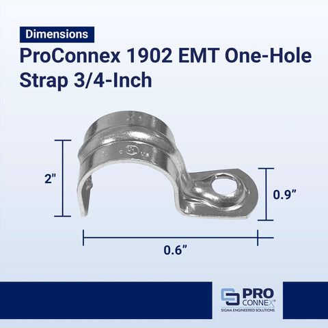 ProConnex 1902 EMT One Hole Strap Three Quarter Inch 50 Pack Gray shown with dimensions 3/4-inch opening, 0.9-inch width
