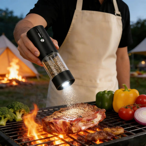 Person using Large Capacity 118ml Electric Pepper Salt Spice Grinder With LED Light USB C Fast Charging Adjustable Coarseness outdoors