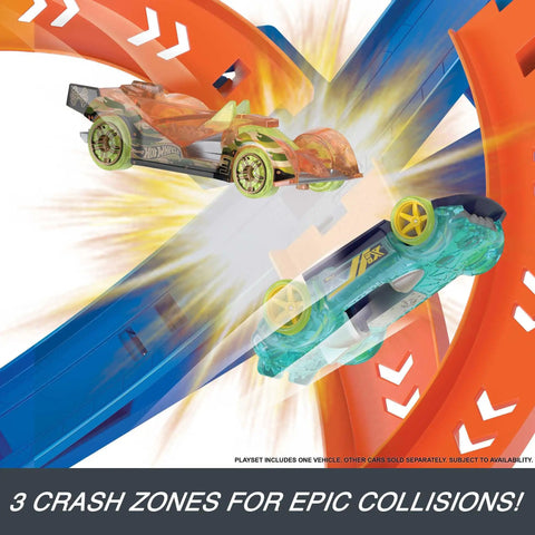 Two cars colliding on the Spiral Speed Crash Track Set With Motorized Booster, 29 Inch Tall Track, dynamic clash on colorful tracks.