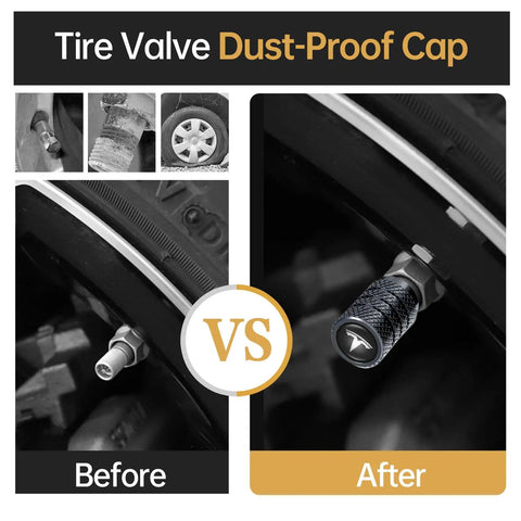 Before and after image of Tesla Model 3 S X Y Tire Valve Stem Caps Aluminum Alloy Leakproof And Corrosion Resistant Black.