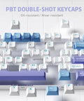 PBT double-shot keycaps in blue and white, oil-resistant, wear-resistant, designed for Custom 75 Percent Wired Mechanical Keyboard.
