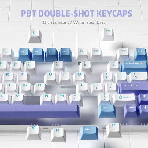PBT double-shot keycaps in blue and white, oil-resistant, wear-resistant, designed for Custom 75 Percent Wired Mechanical Keyboard.