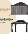 Universal 4 Panel Gazebo Mosquito Netting Replacement With Double Zipper Mesh Sidewalls 12x14 Ft For Patio Canopy Garden Outdoor Bug Free Space Easy Setup displayed installed on gazebo frame