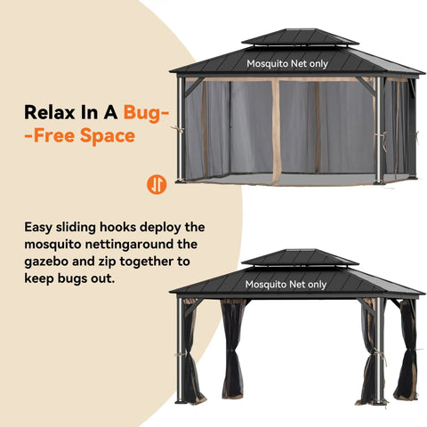 Universal 4 Panel Gazebo Mosquito Netting Replacement With Double Zipper Mesh Sidewalls 12x14 Ft For Patio Canopy Garden Outdoor Bug Free Space Easy Setup displayed installed on gazebo frame