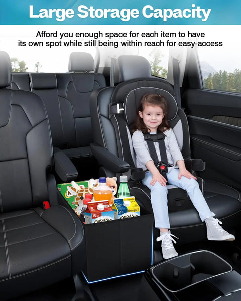 Kia Telluride Backseat Organizer And Console Storage Bin for car travel, large capacity between seats, with child nearby.