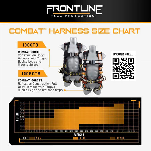 All Day Comfort Full Body Harness For Worksite Safety OSHA And ANSI Compliant with size chart and QR code for product details