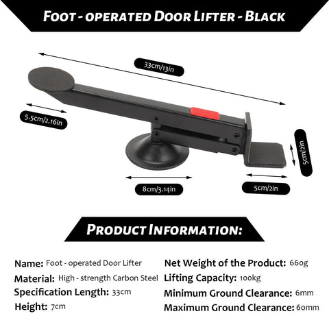 Foot-operated Door Lifter made of high-strength carbon steel, 33cm long, lifting capacity 100kg for easy door placement.