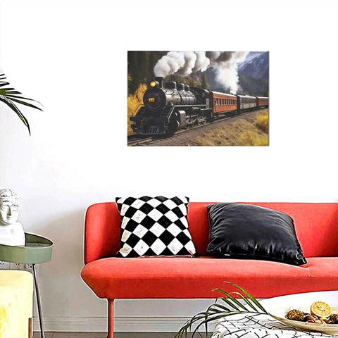 Dope Steam Locomotive Train Canvas Wall Art 12x18 inches in living room setting with modern decor, railroader charm displayed.