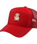 Red Trucker Hat With Adjustable Mesh Back Featuring Lab Nurse Teddy Bear Design Holding A Test Tube