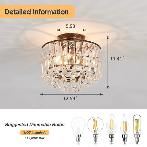 Lit Semi Flush Mount Bronze Crystal Ceiling Light With Crystal Tube Matte Antique Finish Modern Chandelier Fixture For Kitchen Dining Room Bedroom Hallway Closet And Bathroom Dimmable With E12 Bulbs