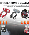 Installation guidance showing heavy duty car battery terminals including positive and negative connectors for trucks, boats, daily rides.