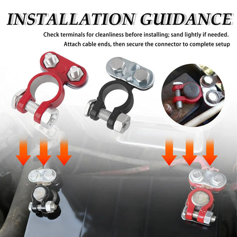 Installation guidance showing heavy duty car battery terminals including positive and negative connectors for trucks, boats, daily rides.