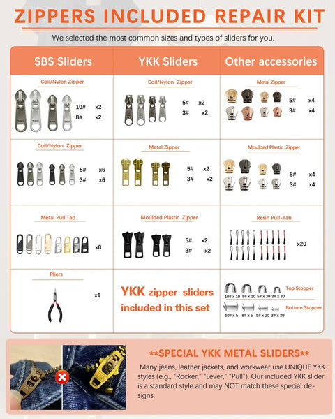 Universal Zipper Repair Kit 200 Pcs With Sizes 3, 5, 8, 10 And YKK Compatible Sliders For Luggage, Bags, Jackets, Backpacks