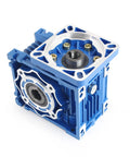 CNCTOPBAOS NMRV040 worm gear reducer, blue metal gearbox with square mounting flange and front bearing opening (angled view).