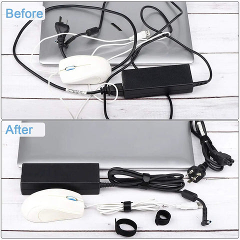 Before and after desk setup using 60 Pack Reusable Cable Ties 6 Inch Adjustable Cord Straps Wire Organizer Hook Loop Cable Management