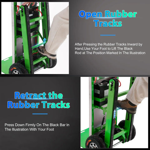 Open and retract rubber tracks instruction for Must-have Electric Stair Climbing Dolly With 1250W Motor And Super Heavy 900lbs Load Capacity, Features Folding Design Plus Telescopic Handle For Moving Furniture Like A Boss In Green.