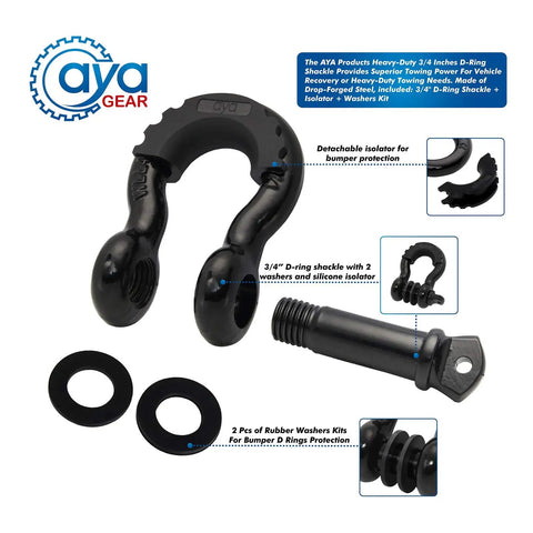 Badass D Ring Shackle Two Pack Packing 62700 Lbs Break Strength With Seven Eighth Inch Screw Pin Plus Shackle Isolator Washers Kit For Heavy Duty Tow Straps Winches And Serious Off Road Recovery On Jeeps And Trucks, featuring heavy-duty black 3/4 inch D-ring shackle with isolator and washers.