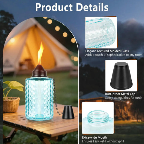 Tabletop Citronella Torches 4 Pack For Outdoor Lighting, Glass Torch Canisters With Wick And Cap, 12oz Each, displayed on a table