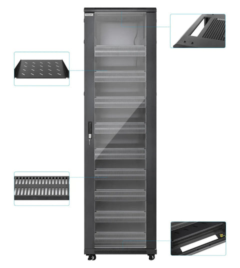 Badass Heavy Duty 42U Floor Standing Network Server Rack Cabinet With Dual Roof Mounted Cooling Fans, showcasing interior details.