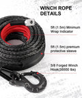Beefy Heavy Duty Synthetic Winch Rope Three Eighths Inch By Ninety Two Feet 25500 Lbs Break Strength Braided UHMWPE Gray For Off Road Jeeps ATVs UTVs And Trucks Under Eight Thousand Five Hundred Lbs with hook and sleeve