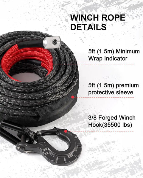 Beefy Heavy Duty Synthetic Winch Rope Three Eighths Inch By Ninety Two Feet 25500 Lbs Break Strength Braided UHMWPE Gray For Off Road Jeeps ATVs UTVs And Trucks Under Eight Thousand Five Hundred Lbs with hook and sleeve