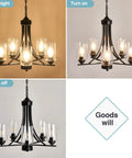 Five Light Black Glass Chandelier With Rustic Metal Pendant Lighting in different light settings showcasing E26 dimmable bulbs.