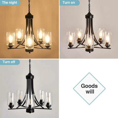 Five Light Black Glass Chandelier With Rustic Metal Pendant Lighting in different light settings showcasing E26 dimmable bulbs.
