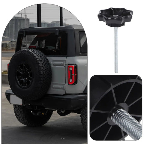 Universal Fitment Spare Tire Hold Down Bolt Replacement Mounting Hardware Clamp with car and tire detail