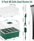 Dimensions and components of 5 Pack 60 Cell Seed Starter Trays With Built In Grow Light Kit Humidity Dome And Base for germination